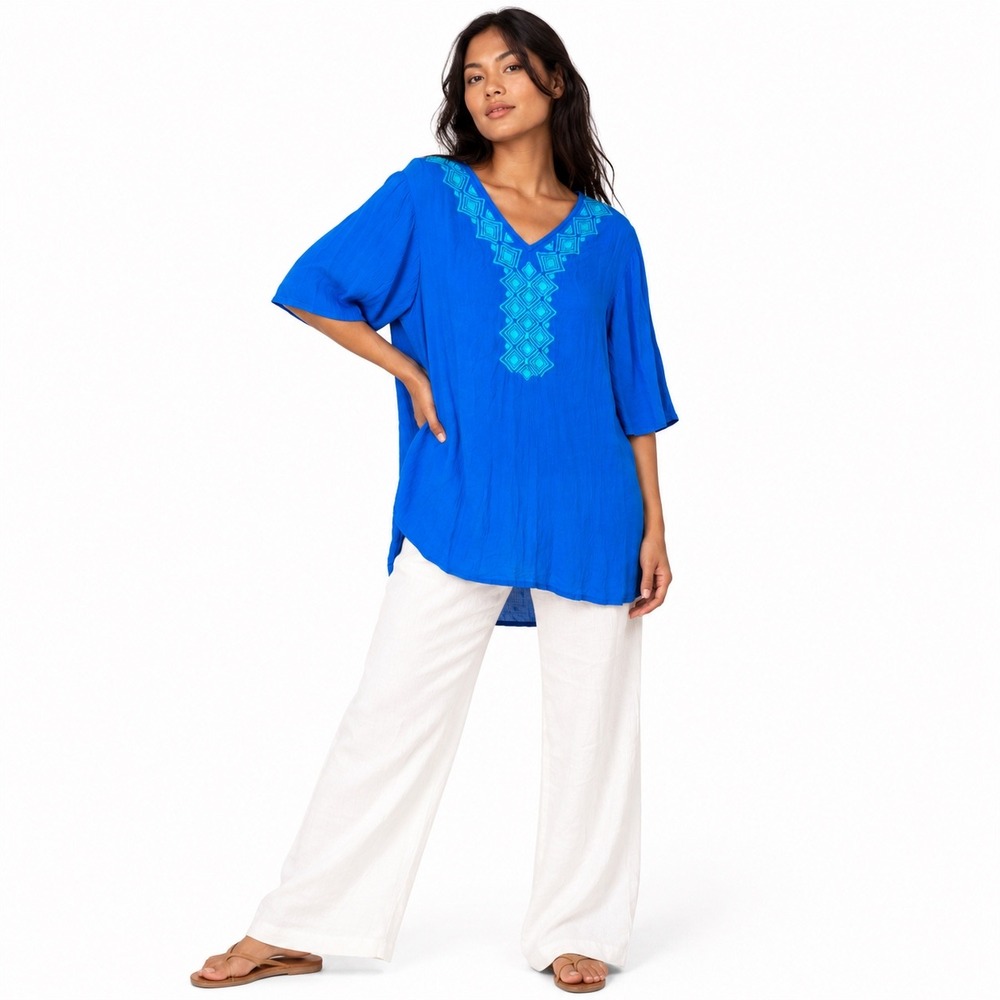 Lilly Pulitzer Tunic Top Rayon Blue Embroidered Boho Resort Coastal Women Large